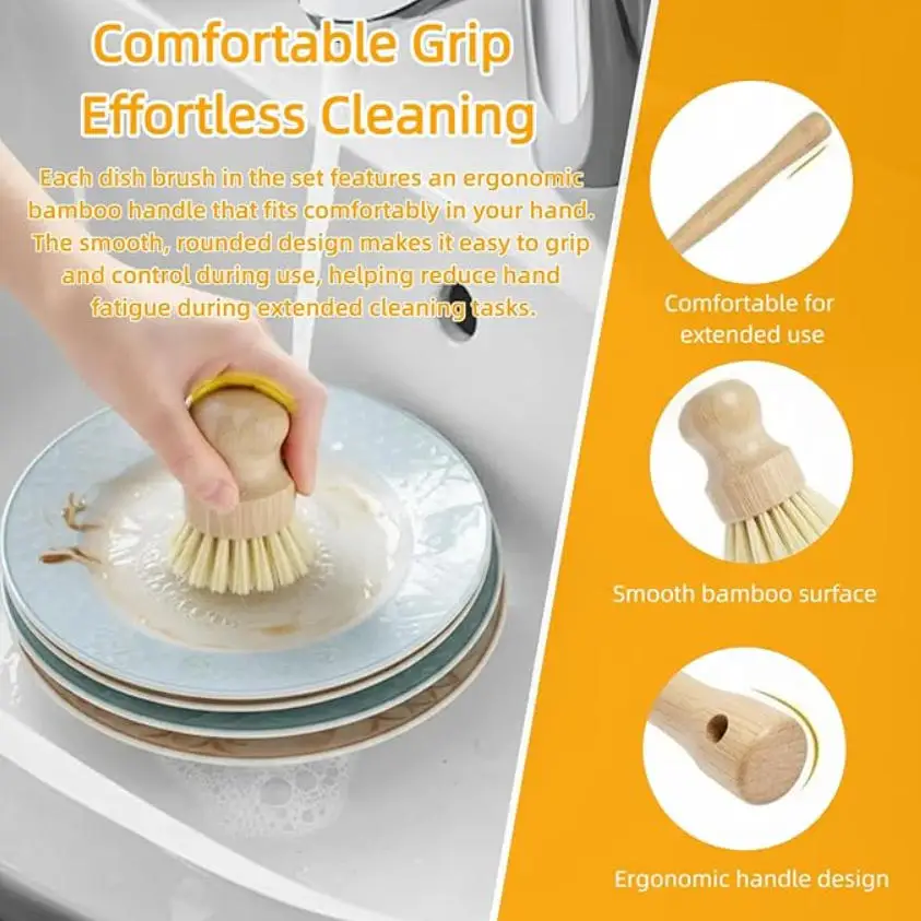 6 PCS Bamboo Dish Brush Set - Kitchen Cleaning Brush Kit with 4 Utensil Brushes and 2 Coconut Fiber Dish Sponges, for Cleaning P