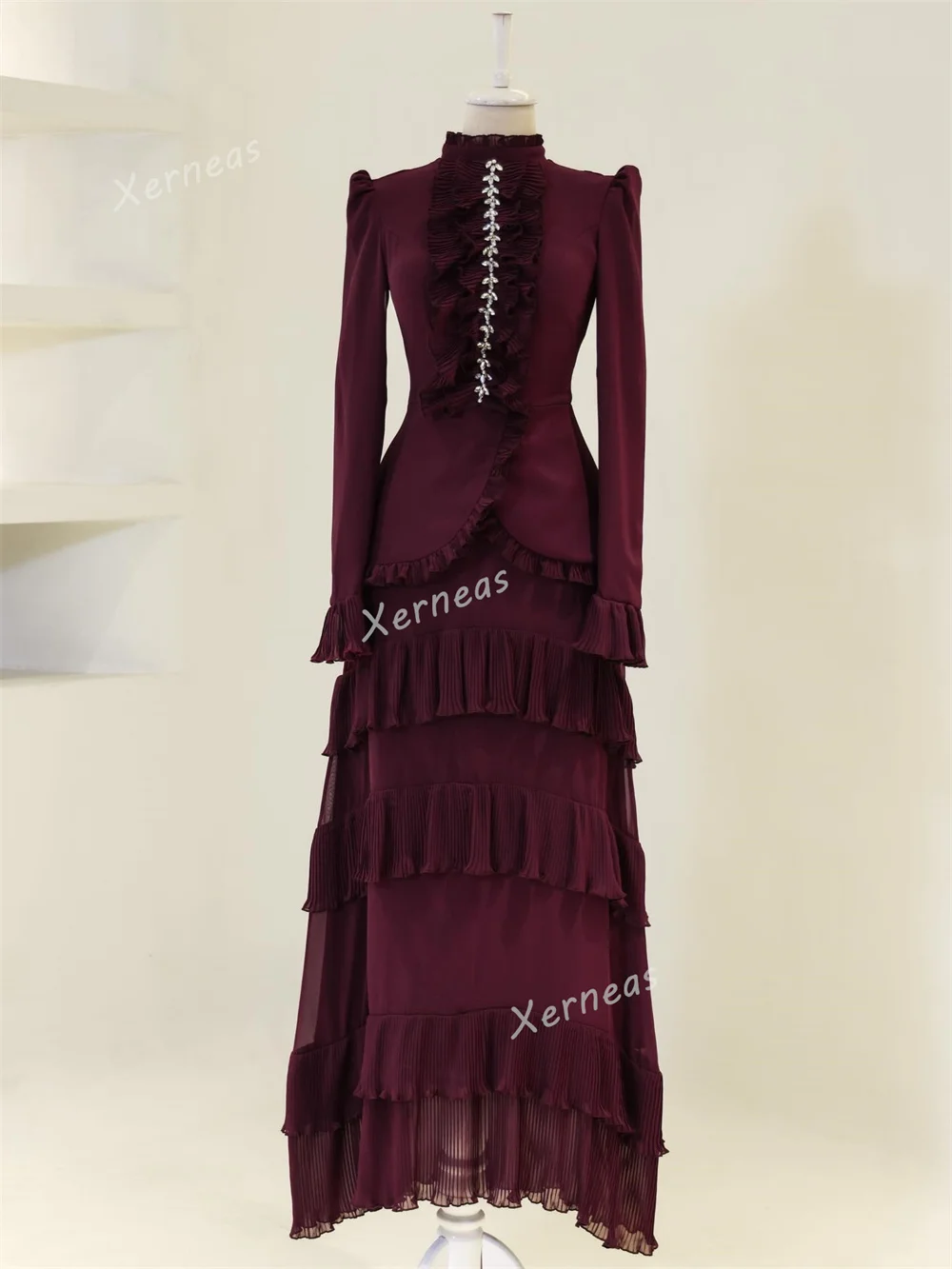 Vestido de noche Formal personalizado con pliegues de diamantes de imitación y cuello alto, vestidos largos de trompeta, vestido de fiesta elegante para ocasiones a medida