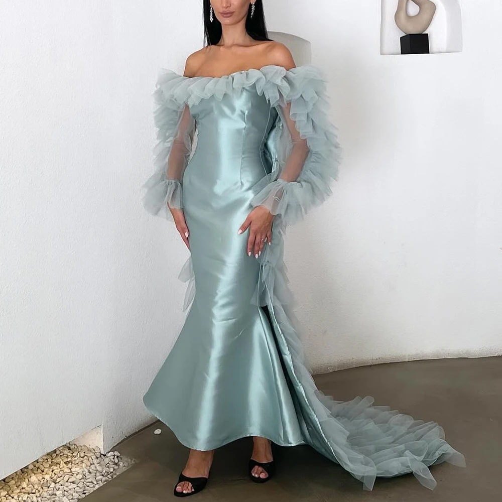 Customized Temperament Mermaid Satin Off the Shoulder Evening Dress Modern Boat Neck Long Sleeves Floor Length Homecoming Gowns