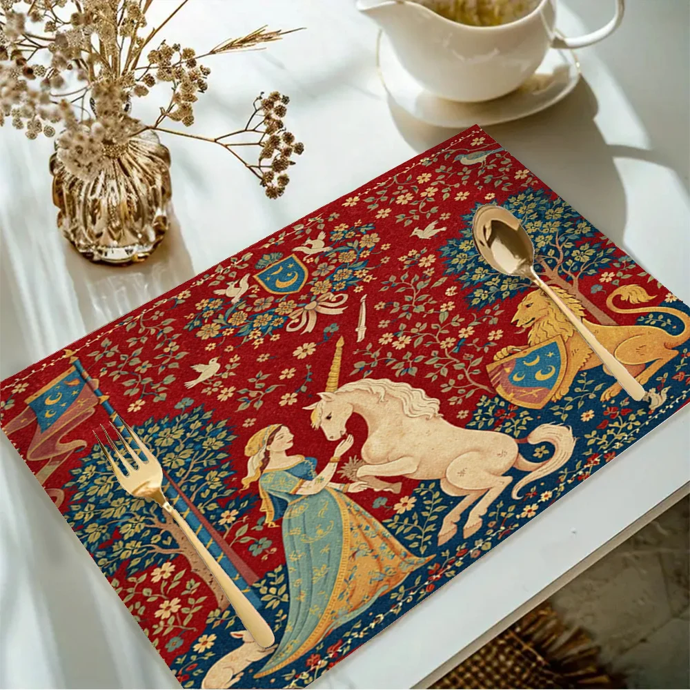 Elegant Placemat Unicorn Lion Tapestry Table Pad, Washable Placemat for Tea, Dining Table, Home Decoration & Party Gift