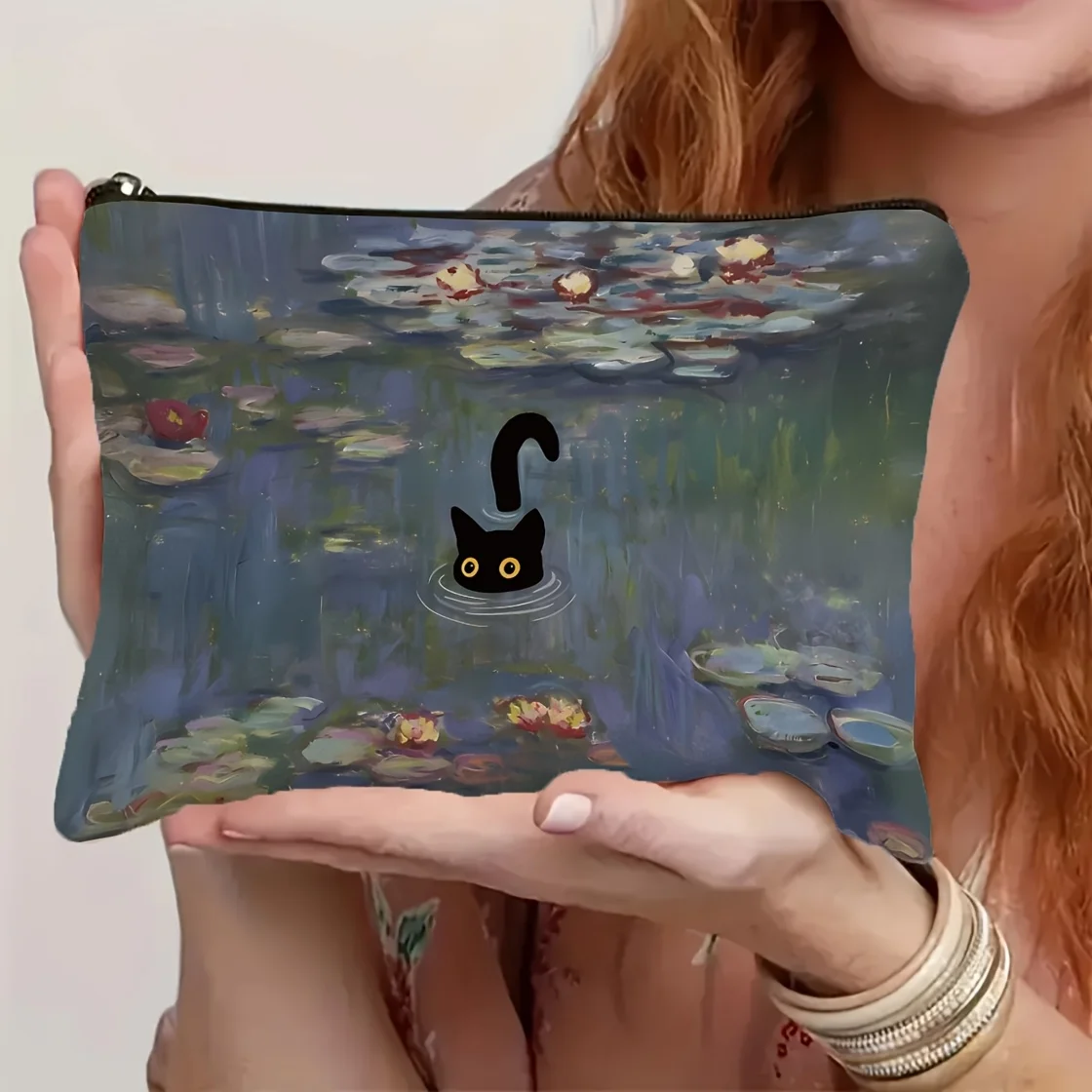 Water Lilies & Black Cat Cosmetic Bag - Monet-Inspired Art Design- Perfect Gift for Cat-Loving Women, Sisters, Cat Lover Gifts
