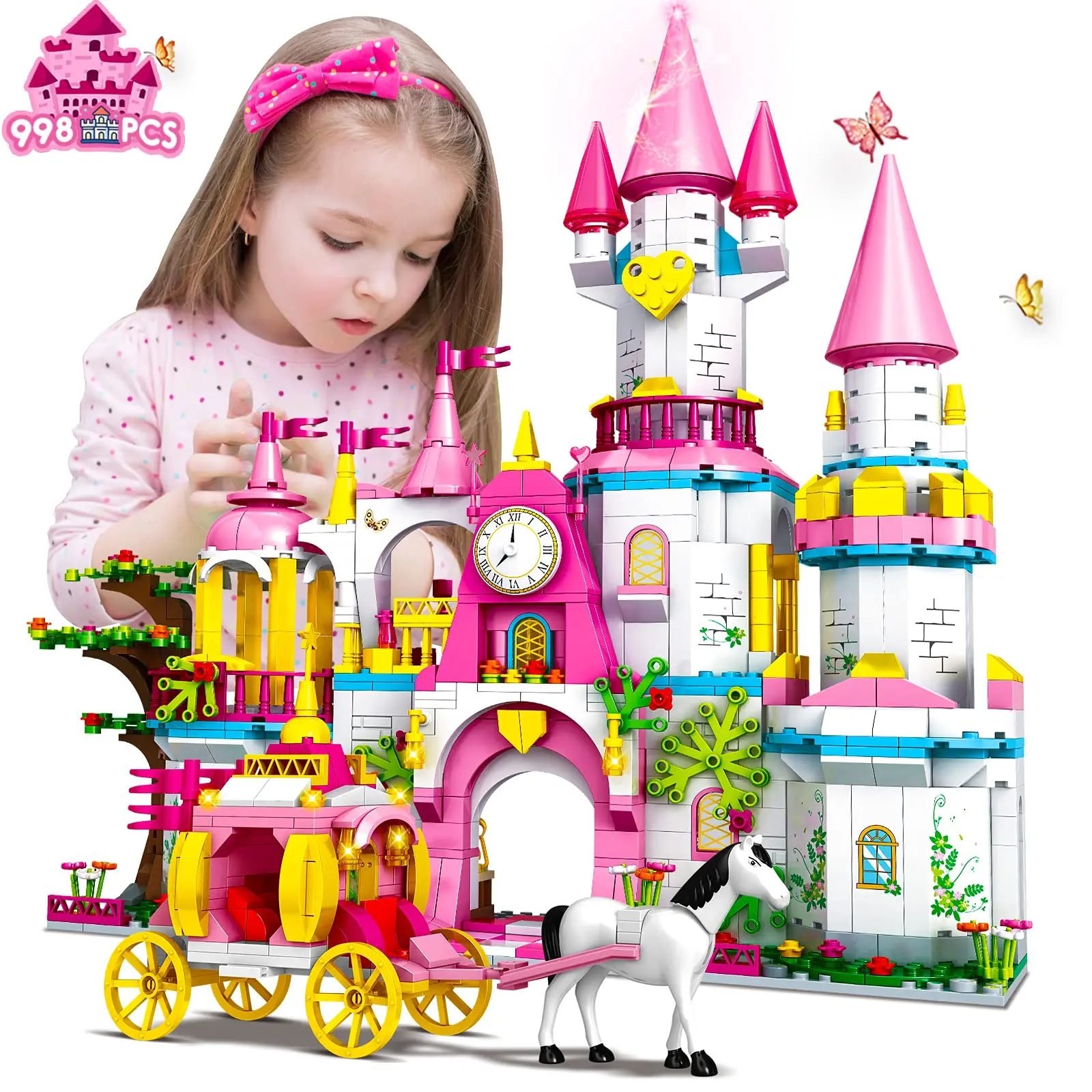 HOGOKIDS Girls Castle Princess Building Toys-Girl Dream House 5-in-1 Castle Carriage Playsets Fantasy Gift for Kids Age6+ 998pcs