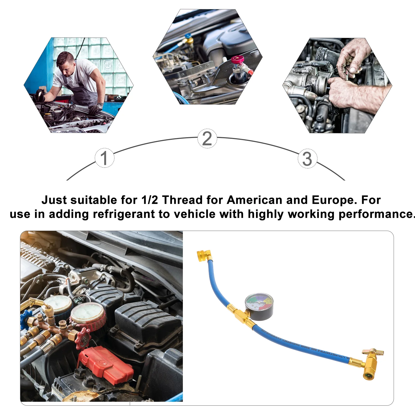 WINOMO Air Conditioning Refrigerant Charging Hose with Gauge for Car (1/2 Thread for American and Europe)