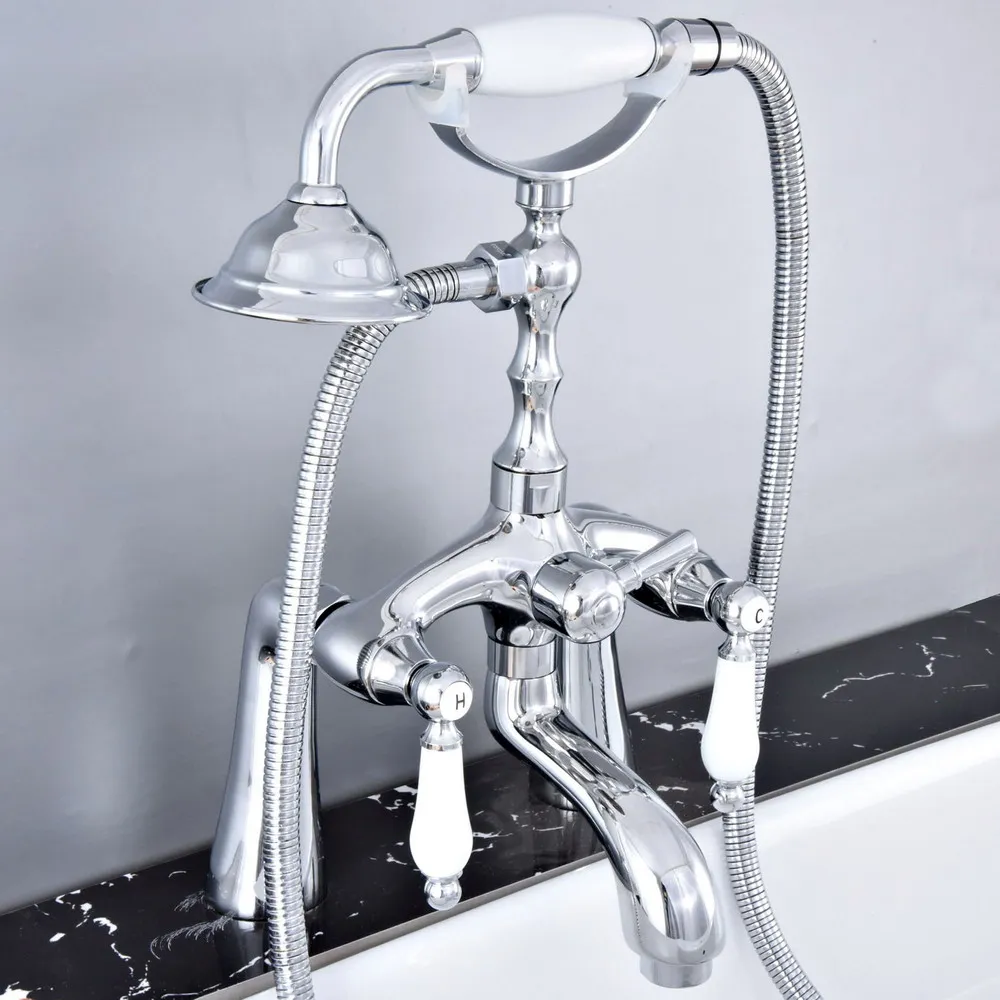 Modern Silver Chrome Brass Deck Mounted Bathroom Tub Faucet Set with 1500MM Handheld Shower Spray Head Bath Mixer Tap 2tf759