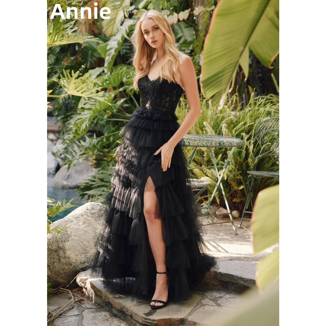 Annie Black Prom Dresses Luxury Embroidered Tulle Side Slit Evening Dresses Formal Occasions Wedding Party Dress Robes De Soirée