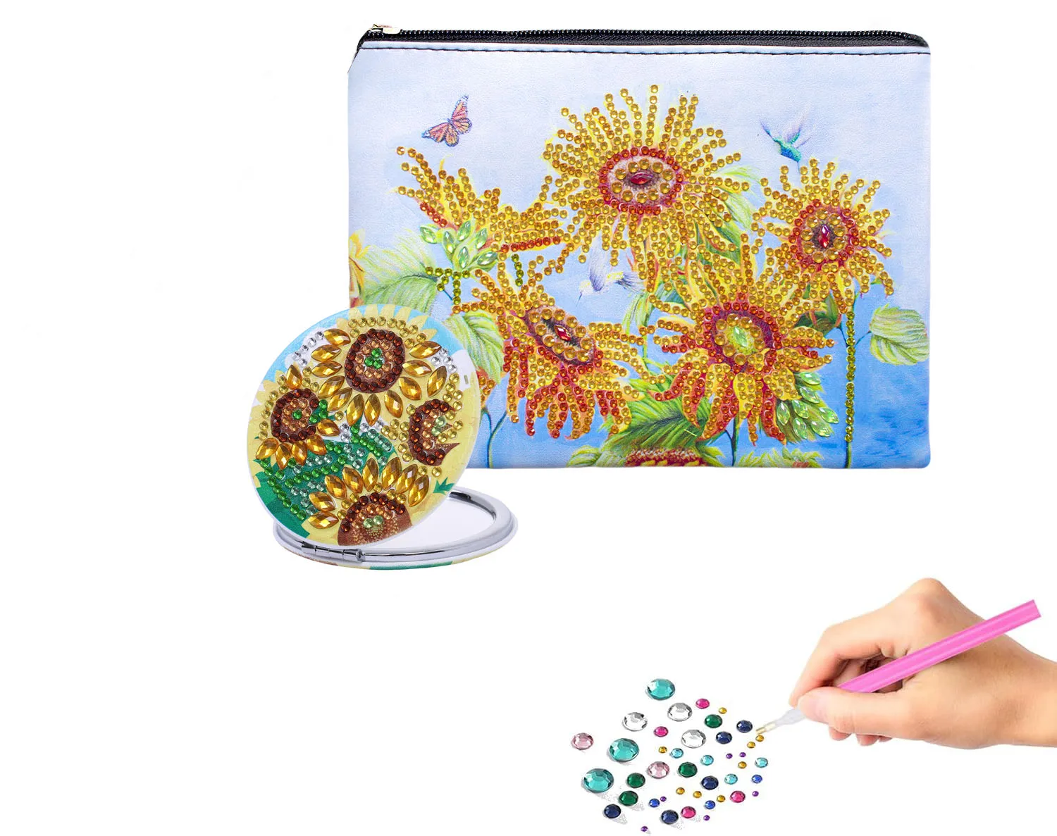 

2 набора для алмазной живописи «сделай сам» с рисунком подсолнуха, женские сумки-тоут из искусственной кожи и портативные складные зеркала для предметов первой необходимости