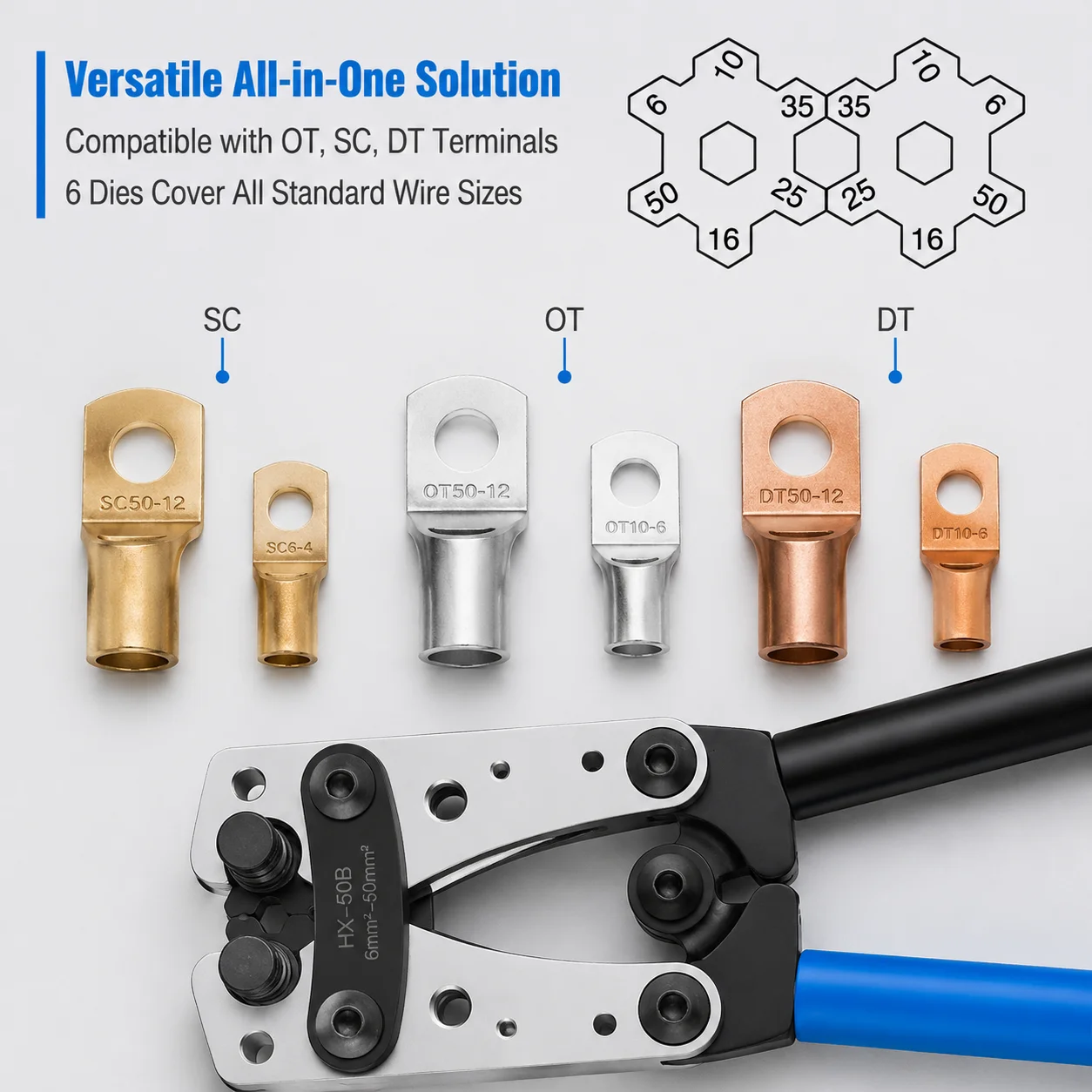 HX-50B Labor-saving Crimping Pliers Heavy Duty Cable Crimper for 6-50mm² Copper Lugs Solar Inverter Wiring - view 5