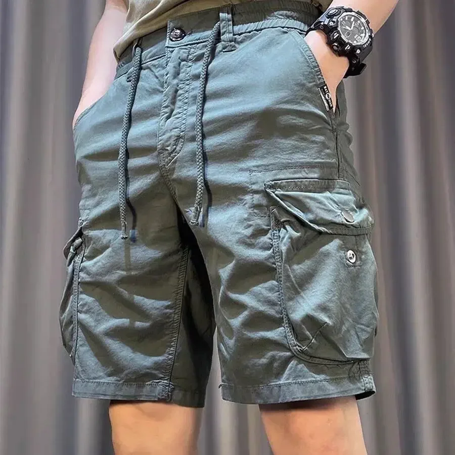 Male Short Pants Green with Pockets Button Men\'s Cargo Shorts Elegant Big and Tall Luxury Homme New in Nylon Popular Cotton Wide