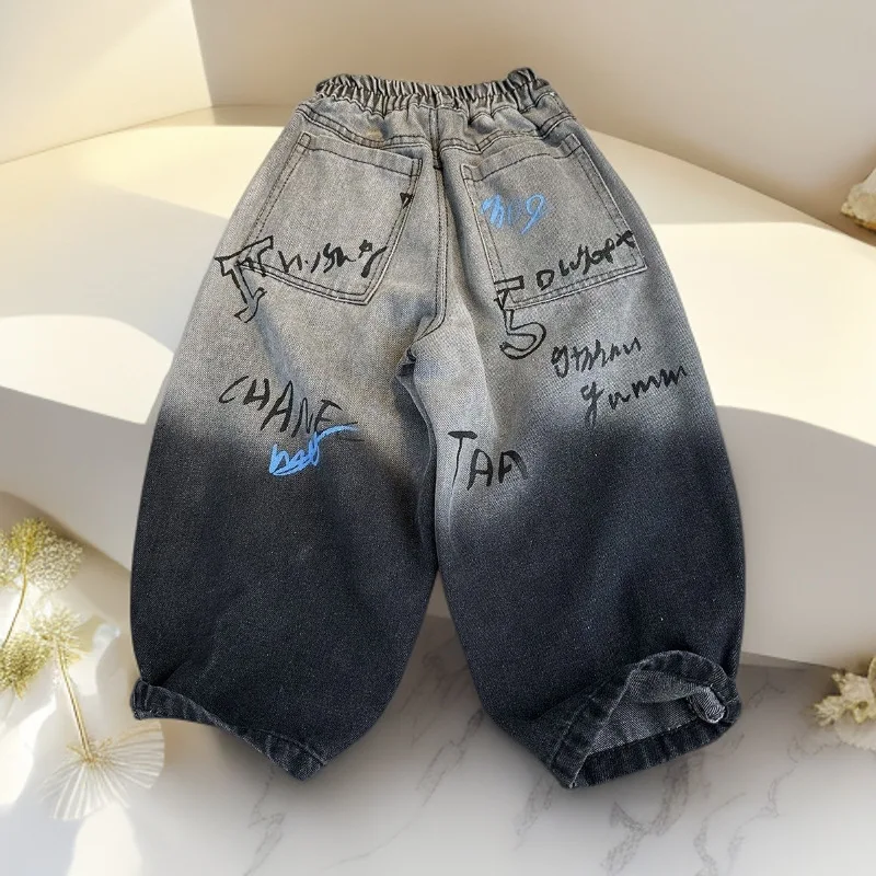 Boys Jeans 2026 Autumn Gradient Ripped Denim Pants Cool Kids Baby Straight Leg Trousers Trendy Children Clothing Spring Autumn