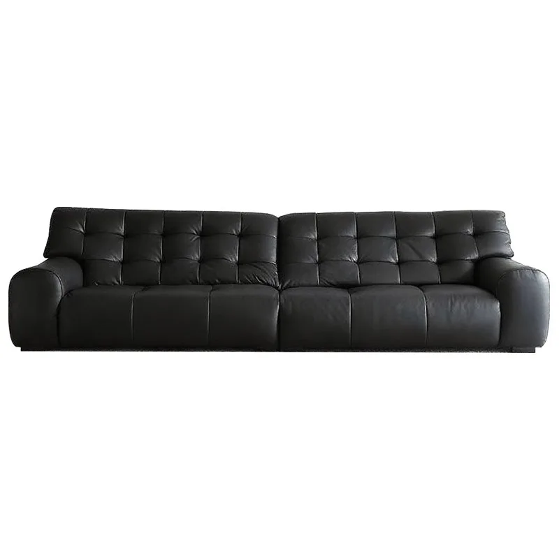 #Black Genuine Leather Chesterfield Sectional Sofa Bed Modern Nordic Design 3-Seater Luxury Sofa Set Stainless Steel Legs Villa