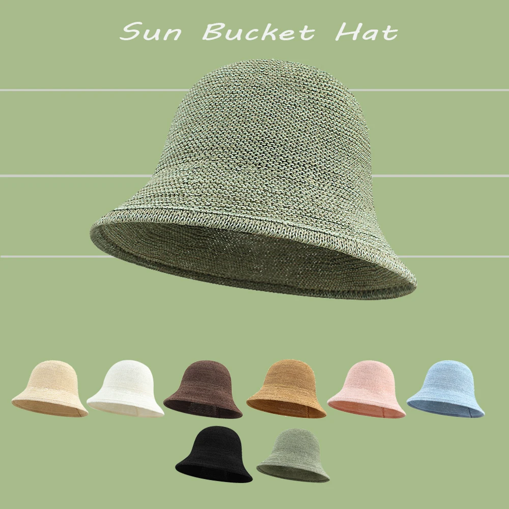 2026 New Japanese Style Solid Color Fine Straw Woven Bucket Hat Women Summer Outdoor Travel Foldable Sun Hat