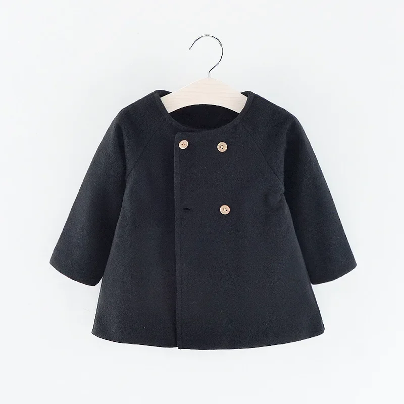 Winter New Girls Coat Woolen Long Solid Color Button Simple Coat Warm Windproof Long Sleeve Round Collar Fashion