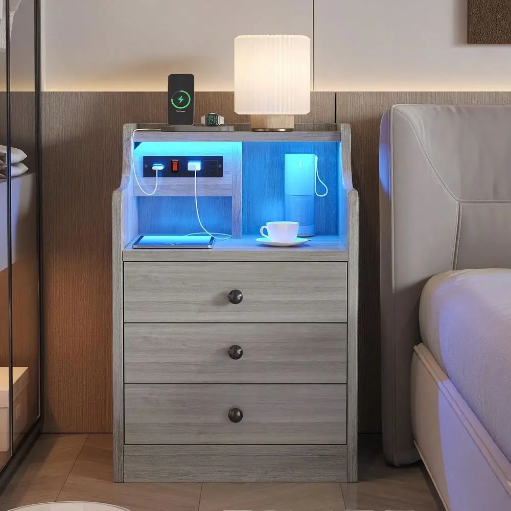 With Charging Station And LED Lights, Night Stand With Hutch And Storage Drawers, White Black Gray