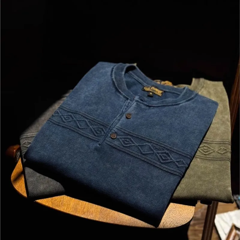 Lässiges, amerikanisches Retro-gewaschenes, Stonewashed Distressed-Strick-Kurzarm-T-Shirt für Herren im Amekaji-Stil