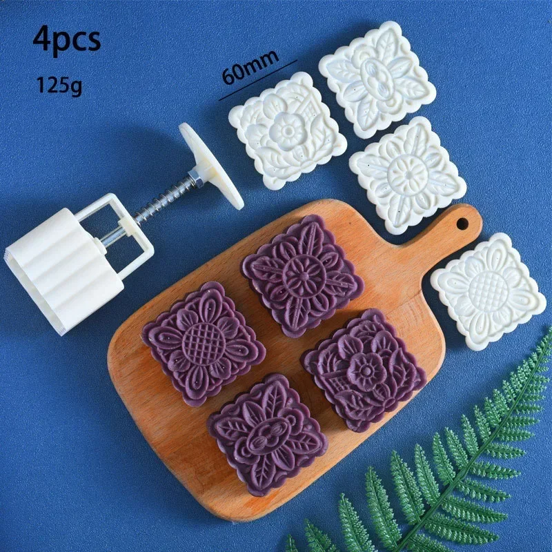 4pc 3D Flower Shape Plastic Mooncake Mold 125g Square Cake Plungers Set DIY Hand Pressure Fondant Mould Chinese Cake Baking Tool