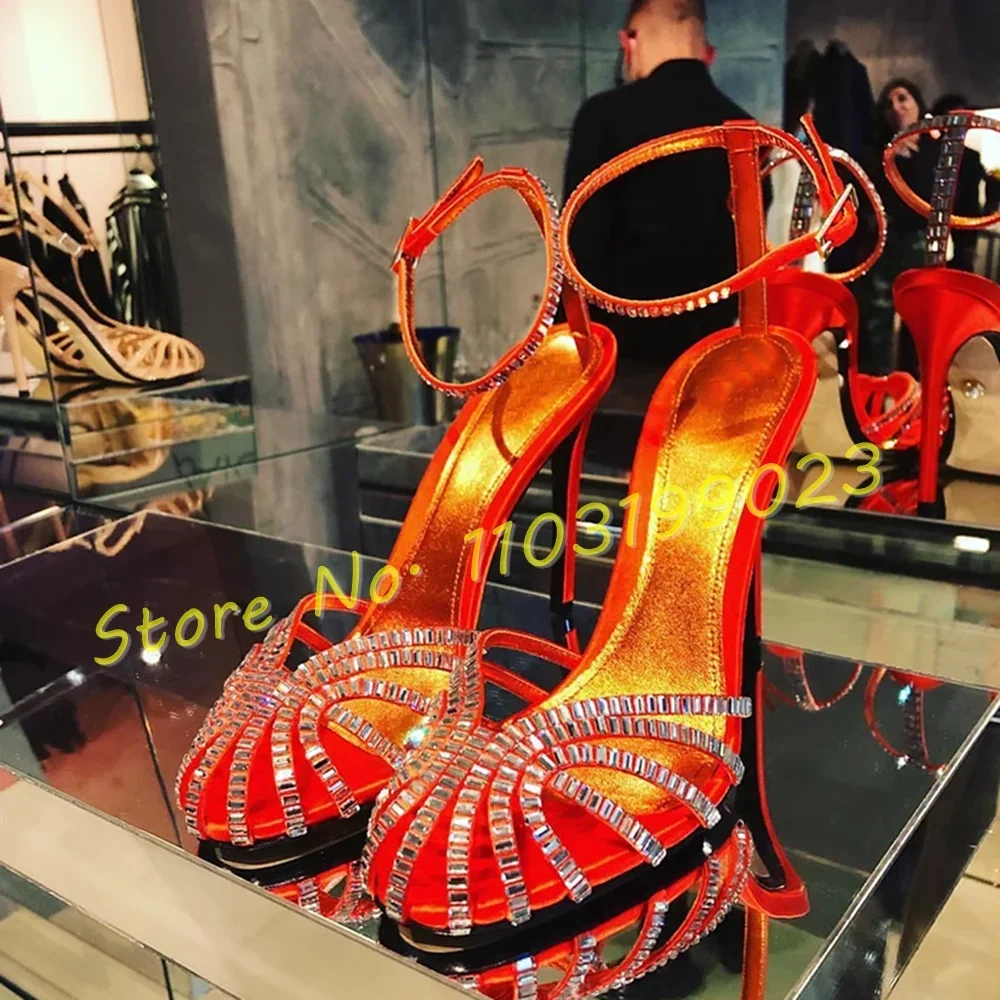 Purple Women Crystals Cage Round Toe Sandals Chic Elegant High Heels Sandals Ladies Ankle Strap Fashion Party Stiletto Shoes