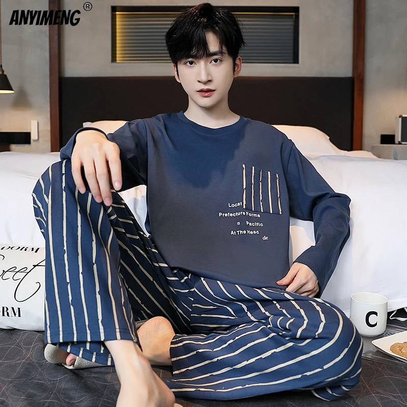 Autumn Winter New Pajamas for Men Round Collar Faux Cotton Long Sleeves Deep Blue Pijamas Man Chic Sleepwear Soft Homewear