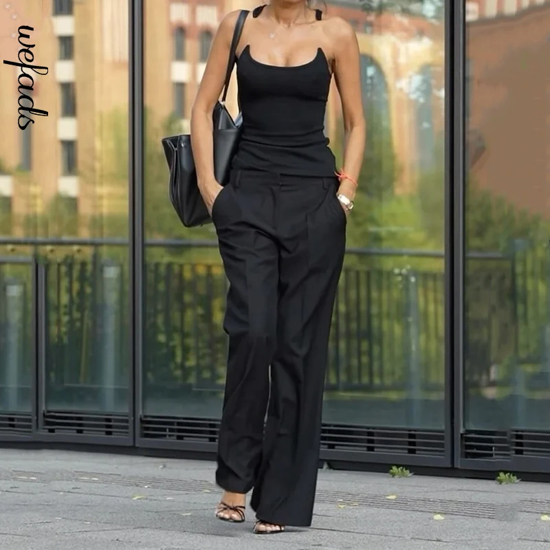 

Wefads Two Piece Set Women Fashion Casual Sleeveless Round Neck Solid Suspender Pullover Tank Top Loose Straight Pants Sets