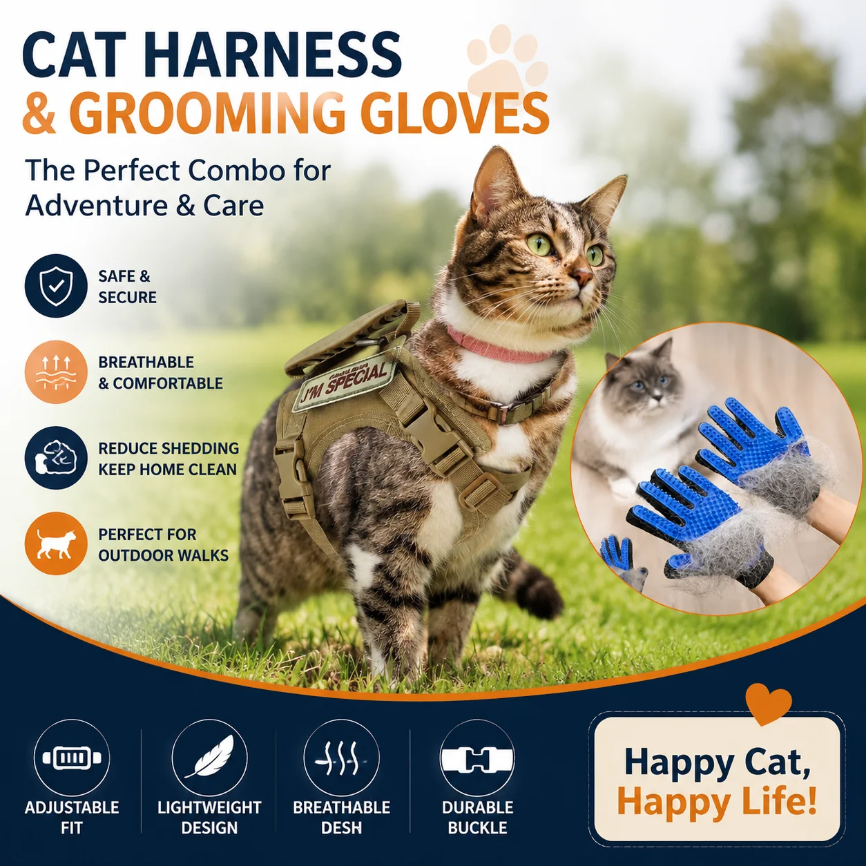 Tactical Cat Harness Vest with Leash & Grooming Glove Set, Escape Proof Adjustable Cat Walking Harness, Pet Hair Removal Glove