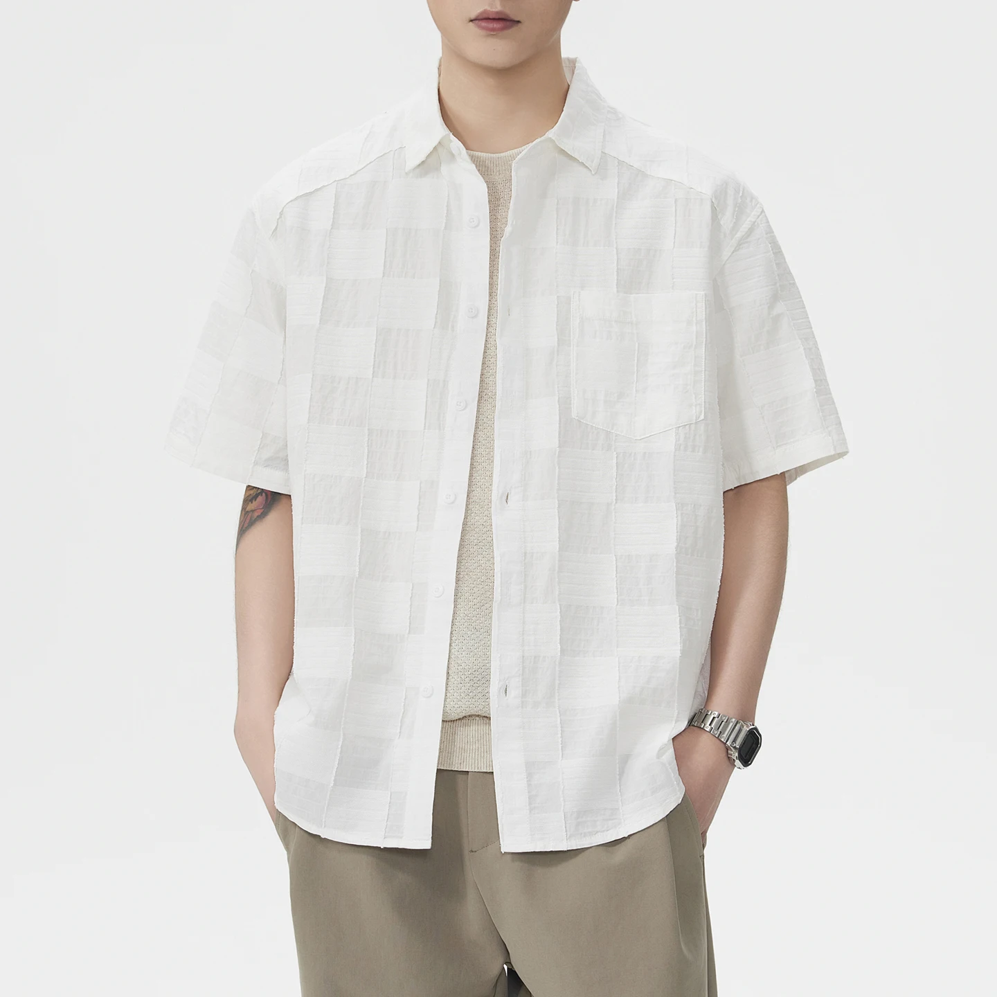 Men Vintage Fashion Loose Casual Short Sleeve Commute Shirts Man Japanese Korean Streetwear Shirt Summer Lightweight Plaid Shirt