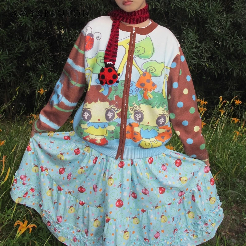 

Оригинальный дизайн, милый мультяшный аниме-принт, сине-коричневый вязаный женский свитер, осенний новый милый универсальный свободный кардиган, пальто для девочек