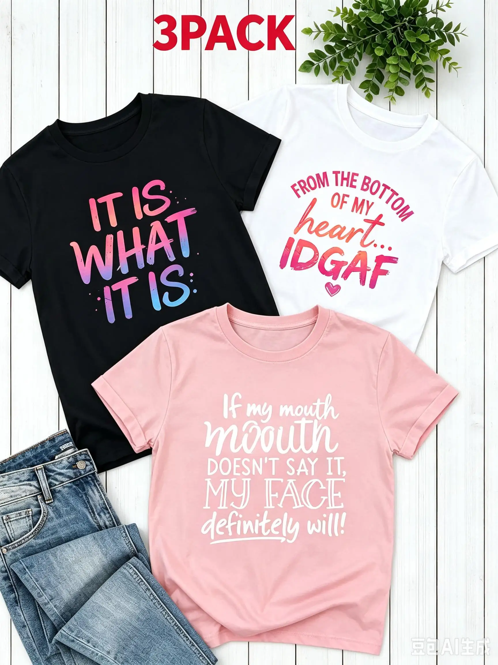 3Pcs Funny Slogan Print T Shirt Set Women Y2K Aesthetic Short Sleeve Top Pack Sarcastic Quotes Letter Graphic Tee Summer Clothes