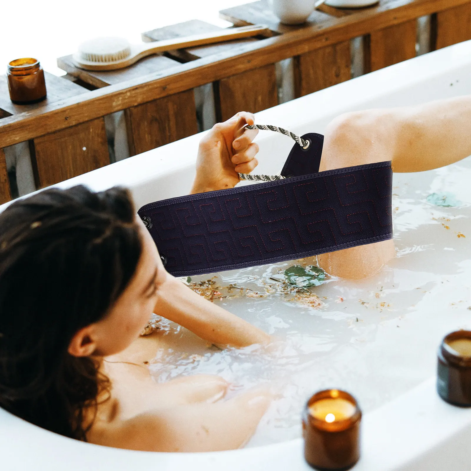 

Double Sided Back Scrubber Exfoliating Washcloth with Dual Handles for Easy Self Cleaning Deep Exfoliation Bath Shower Loofah