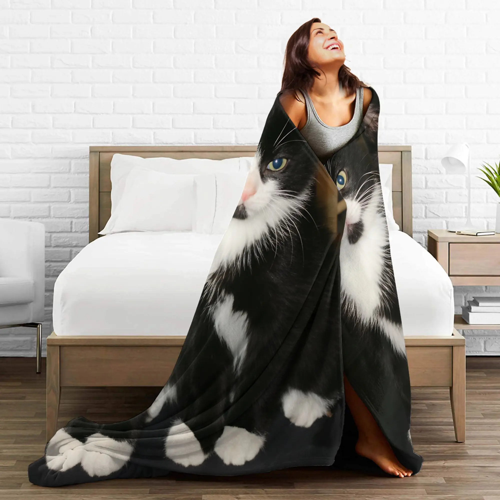 Warm BlanketGirls Boys Airplane Travel Black & White Tuxedo Cat Throw Blanket  Flannel Bedspread For Home Decor Sofa Bed Cover - view 3