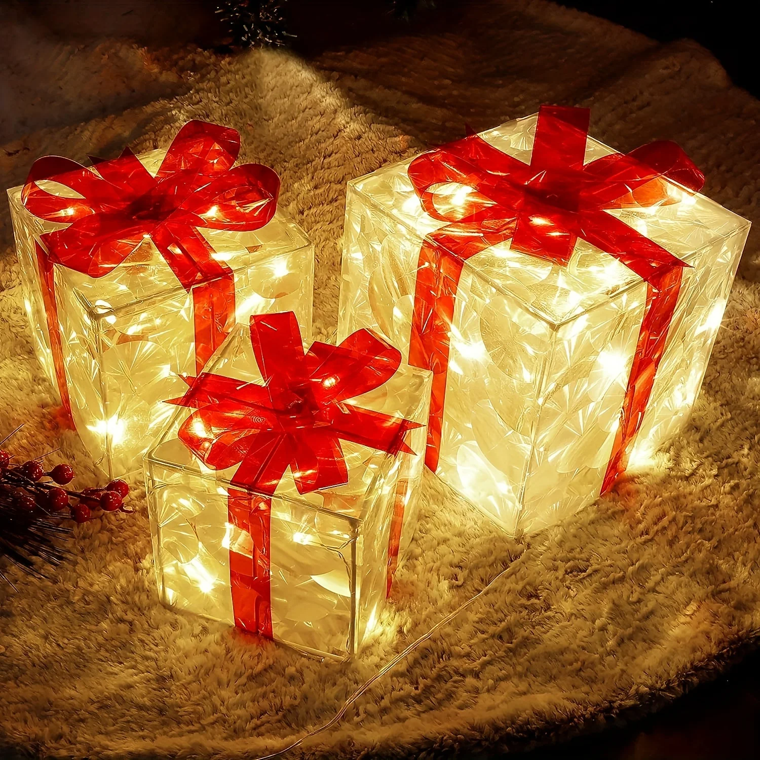 

Set Of 3 Christmas 60 Led Lighted Gift Boxes, Transparent Warm White Lighted Christmas Box Decrations, Presents Boxs With Red Bo