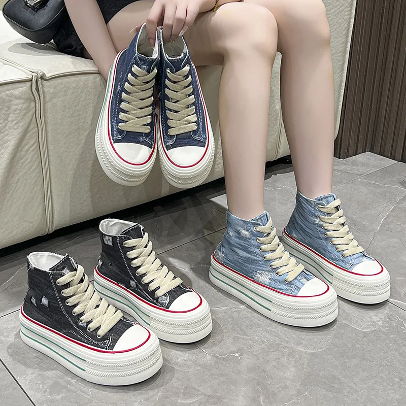 Thick-soled High-top Canvas Shoes Women 2024 New Tall Autumn Style Personality Hollow Denim Trend Sneakers Girls Platform Shoes