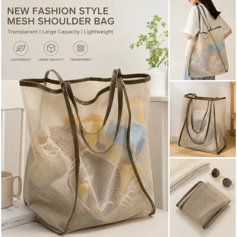 Large Mesh Beach Tote Bag Lightweight Breathable Shoulder Bag For Pool Travel Towels Toys Shopping