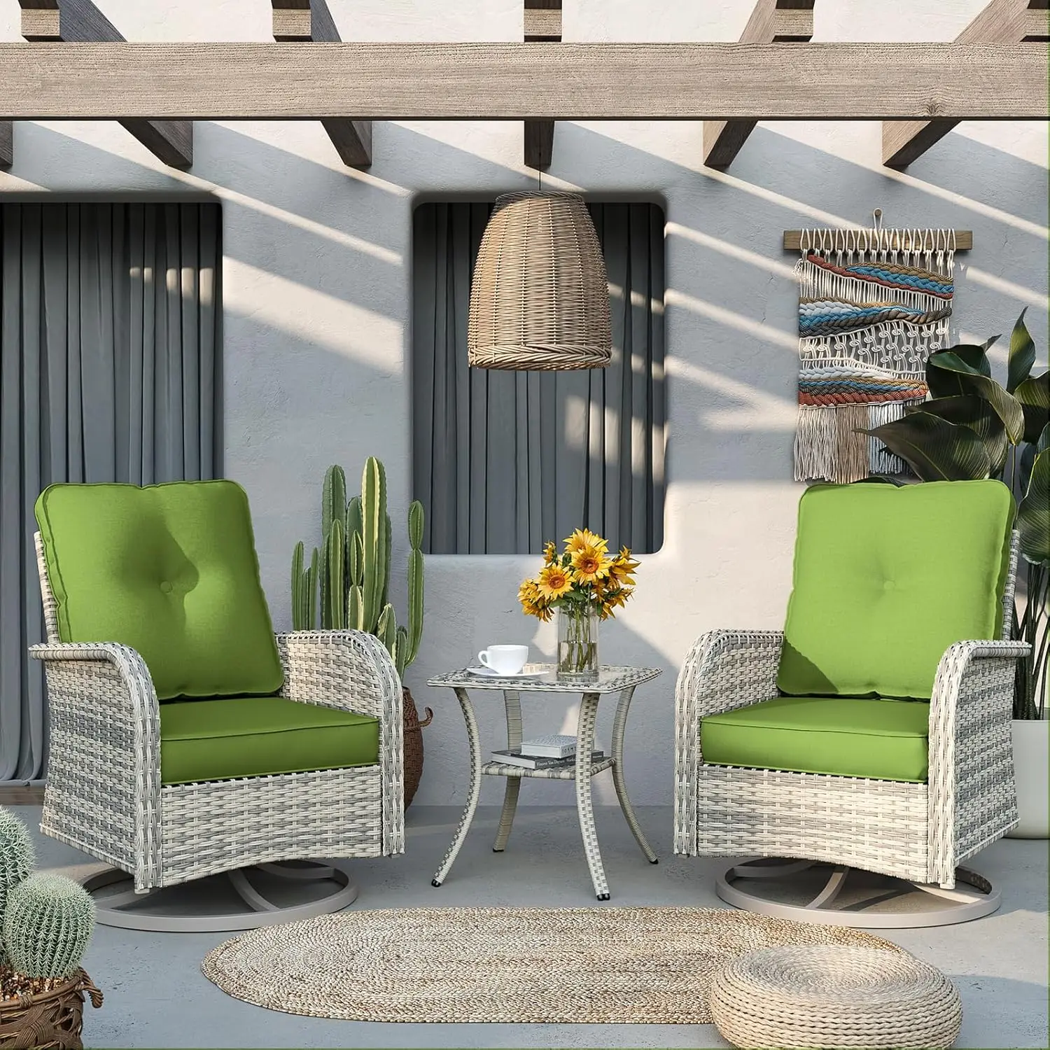 

Avocado Green Outdoor Wicker Rocking Swivel Chair Set with Glass Table