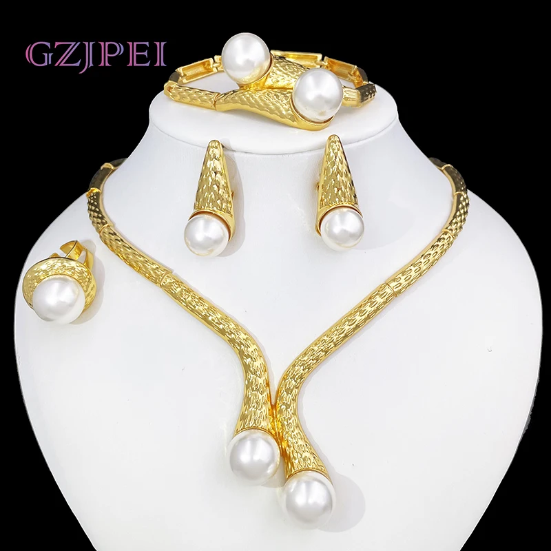 

Vintage Women Jewelry Set Luxury Design Imitation Pearl Necklace Earrings Bangle With Ring Full Set 4pcs Jewelry For Party