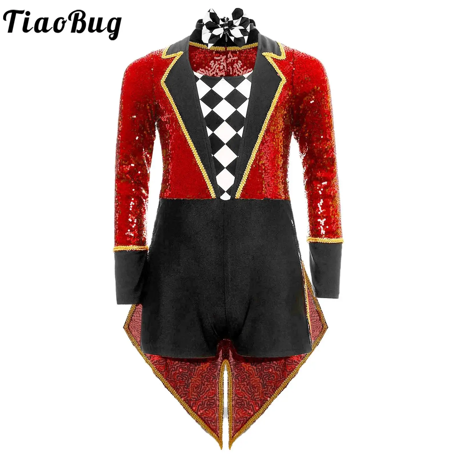 Children Circus Ringmaster Magician Cosplay Costume Sequins Long Sleeve Bow Tie Tailcoat Bodysuit for Halloween Carnival Party