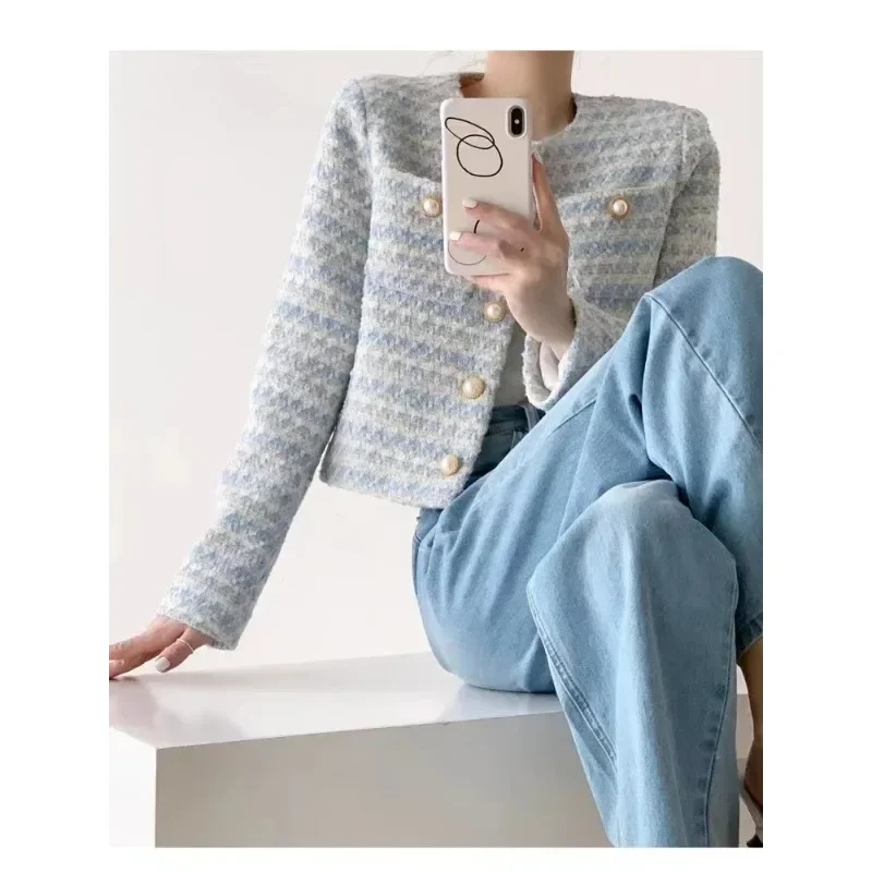 Women's Elegant Tweed Cardigan, Short Coat with Pocket, Single Breasted Jacket, Loose Outwear, Autumn, Winter
