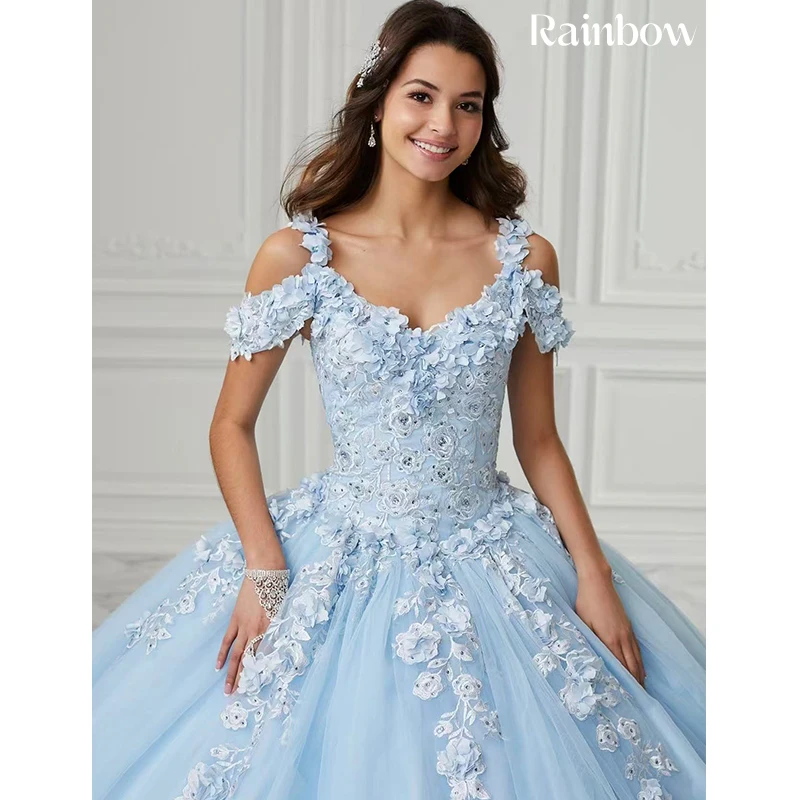 

Graceful Blue Quinceneara Dress Organza With Embroidery 3dflower Ballgown Sleeveless Boatneck Customized Lace Up Sweet 15 Girls