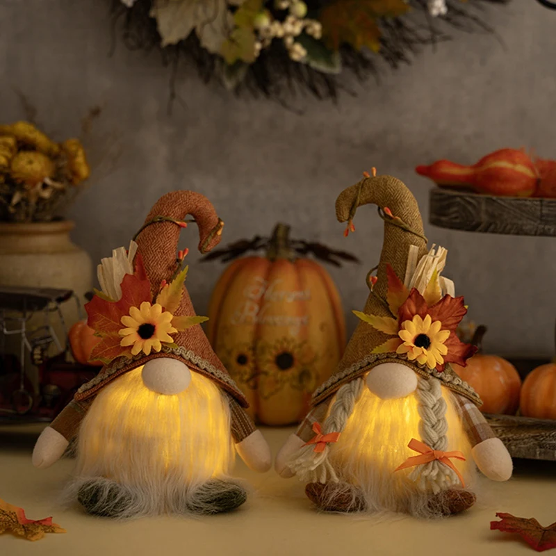 Thanksgiving LED Lights Fall Gnomes Dwarf Elf Dolls Scandinavian Swedish Tomte Gnomes With Sunflower Maple Leaf Desktop Decor