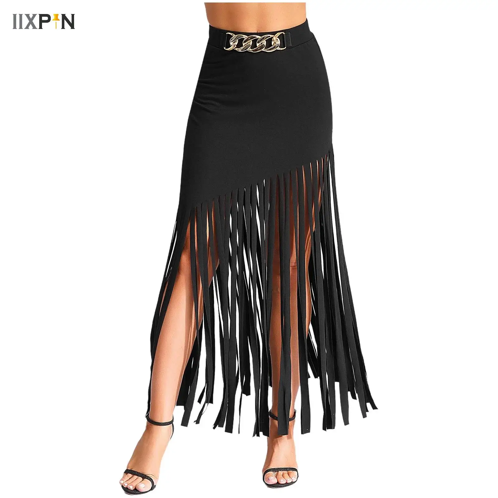 Womens High Waist Fringe Tassels Maxi Skirt with Buttons Halloween Party Punk Rock Clubwear Jazz Dance Stylish Street Wear