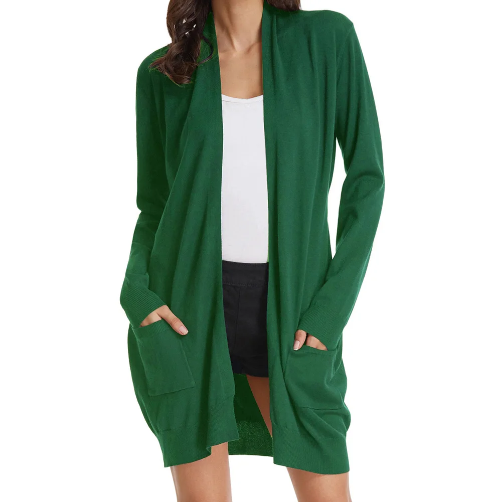 GK Women Jackets Coats Mid-Thigh Knitwear Cardigan Sweater With Pockets Long Sleeve Open Front High Stretch Soft Knitting Coat