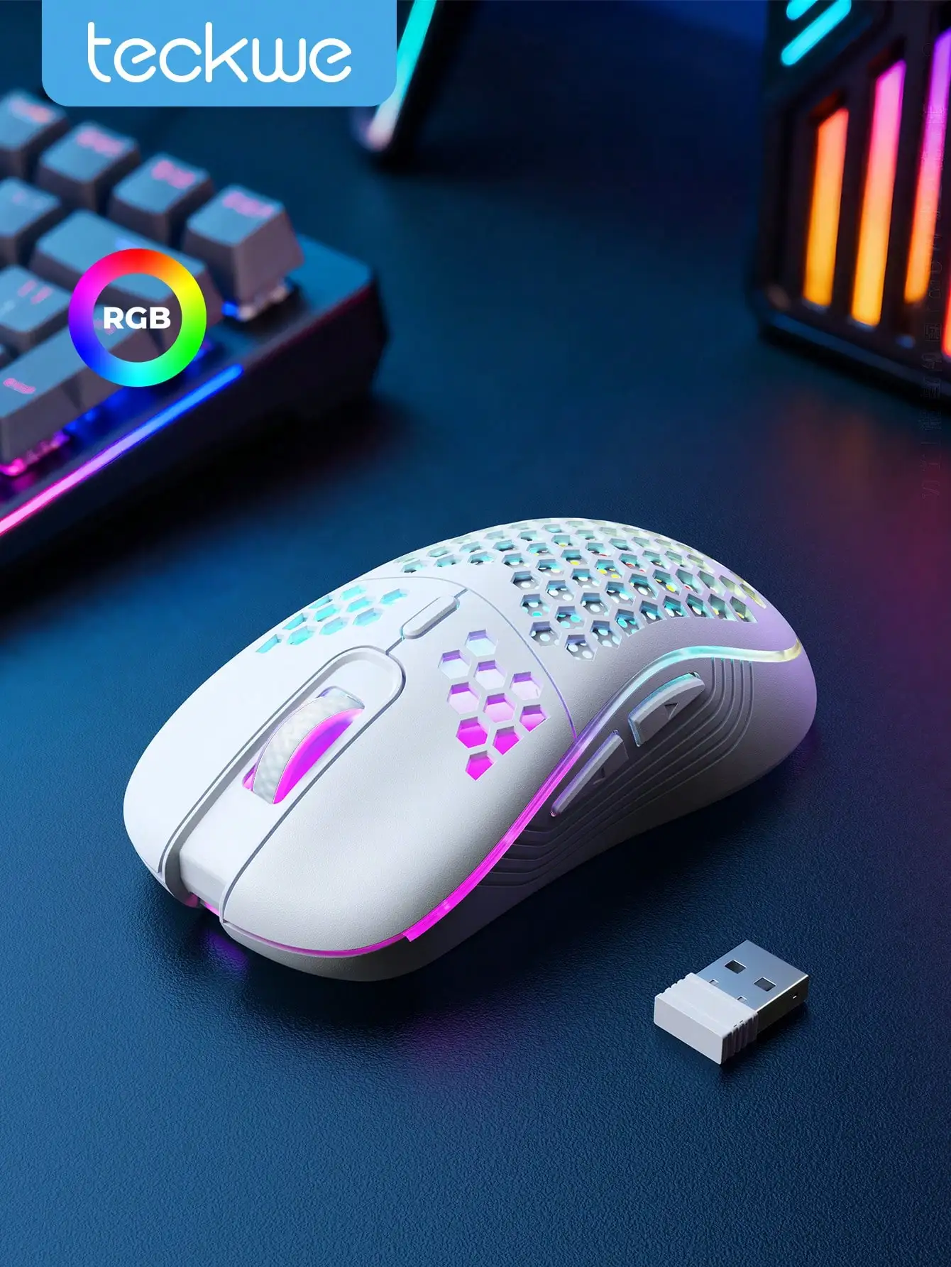 

Teckwe Wireless Gaming Mouse Honeycomb 2.4G USB Cordless Mouse RGB Rechargeable PC Game Mice With LED Lights, Drag-Free Paracord, Ergonomic, Suitable For Home Gaming And Office Use Halloween Gift