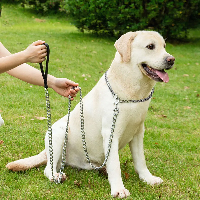 Bissfeste Eisenketten-Leine 120CM Metall-Hundekette Hundeleine Metall-Trainingsleine mit Weichem Griff für Mittelgroße und Große Hunde – Detail 9