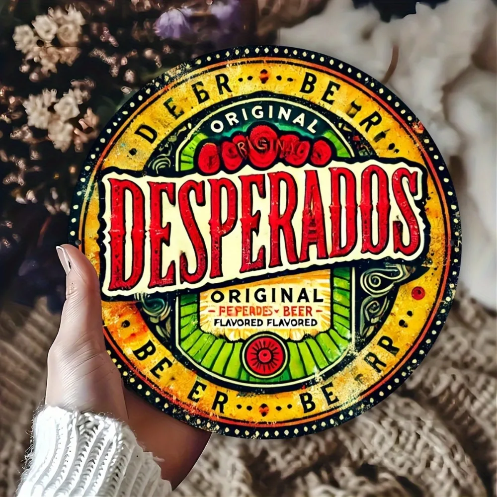 لافتة معدنية مسطحة عتيقة من Desperados للبيرة - لوحة فنية جدارية مستديرة من الألومنيوم مقاس 8 × 8 بوصة، تصميم زهور نابضة بالحياة للمنزل البار