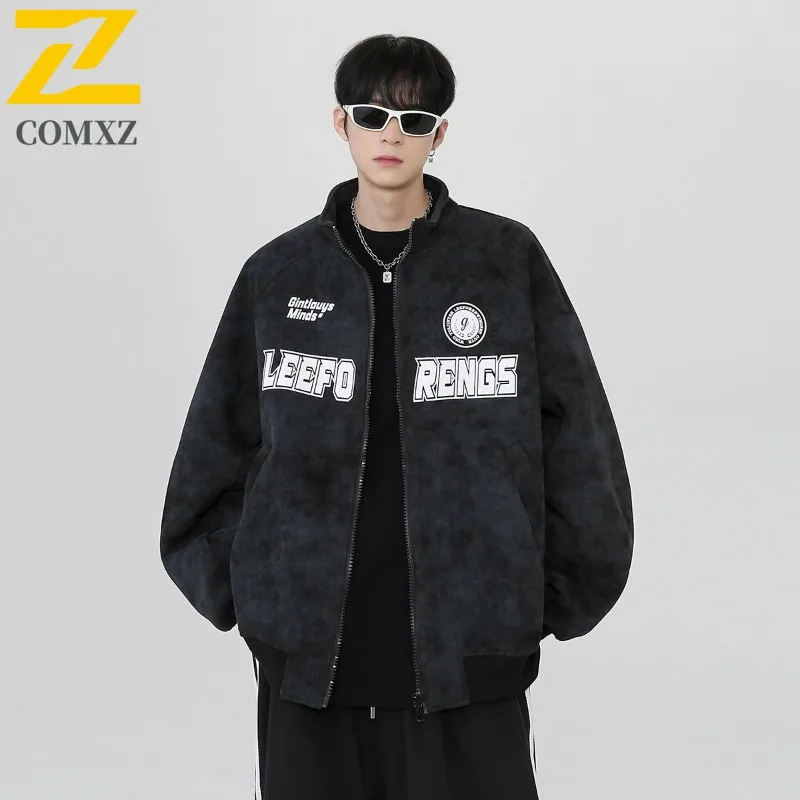 

COMXZ 2025 Men's American Casual Distressed Letter Print Jacket High Street Versatile Baseball Lightweight Cardigan