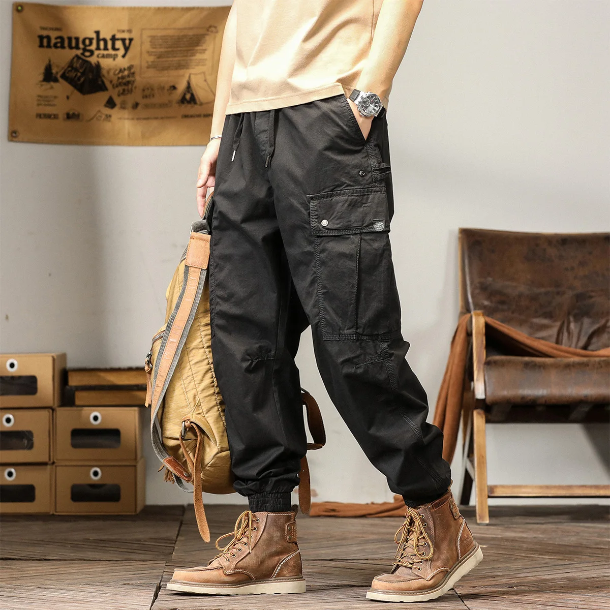 Cargo Pants Man's High Waist Drawstring Casual Pants Fashion Slim High Street Straight Pencil Workwear Trousers Trend Streetwear