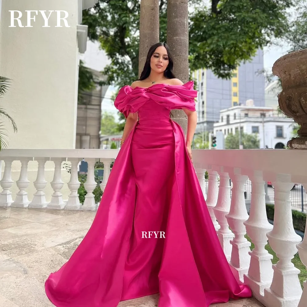 

RFYR Satin Evening Dress Off Shoulder Party Dress For Women Vestidos De Noche with Long Train robes de soirée Customized