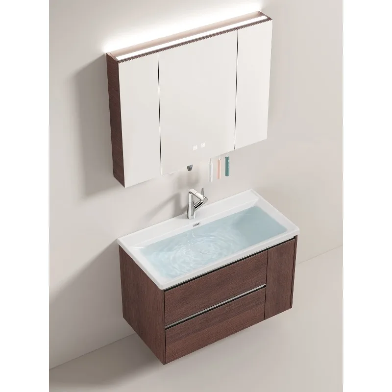 

Raised basket Two-layer storage drawer can be hung Mirror cabinet Walnut bathroom cabinet A2