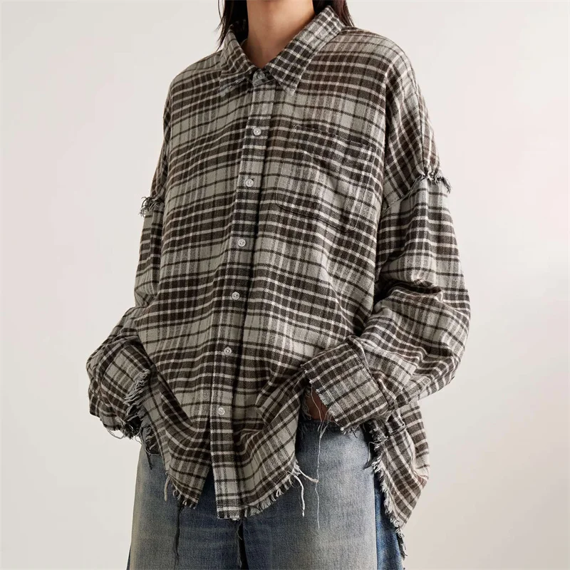 

Женская рубашка, новинка осени 2025 года, топ с длинными рукавами и кисточками, однобортный свободный клетчатый женский блузка из чистого хлопка, тонкое пальто