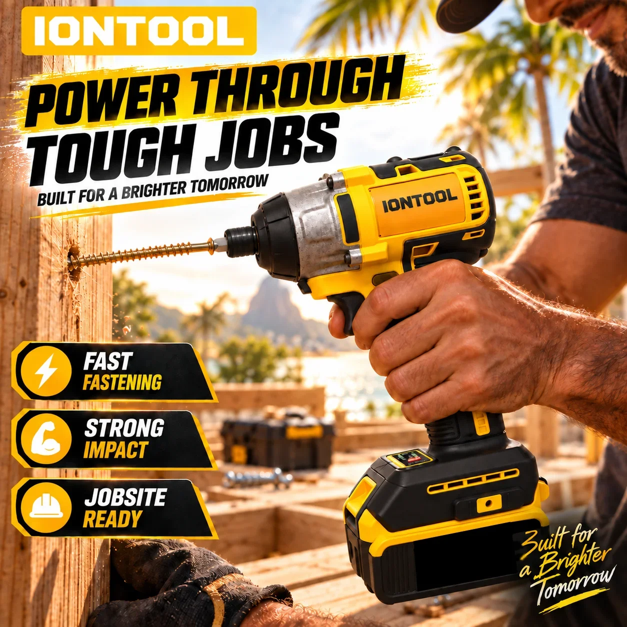 IONTOOL Yellow Cordless Impact Driver 380Nm For Deck Screw Driving and Frame Bolting and Furniture Assembly and Metal Fastening