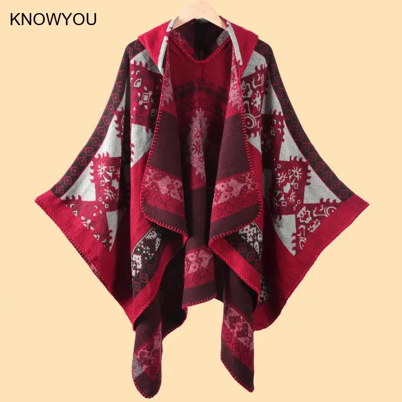 

Hooded Cloaks Women Red Ethic Style Shawl Wraps Warm Artificial Cashmere Thicken Echarpes Adult Coat Outwear Print Capes Stoles