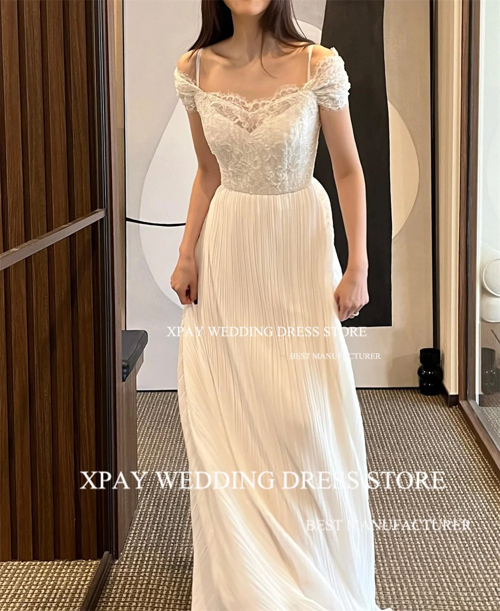 XPAY vestido de novia de encaje con escote en V, línea A, plisado, gasa, tirantes finos, Espalda descubierta, manga corta, personalizado